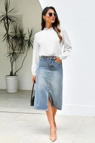 Neweek Button Down Shirts for Women Long Sleeve Shirts Lace Neck Tops Formal Collared Blouses Loose Work Office Top Trendy in Saudi Arabia