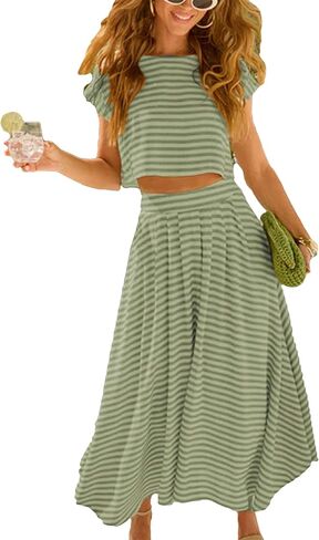 Zontroldy Women's Summer 2 Piece Outfits Striped Skirt Sets Cap Sleeve Crop Top Midi Dress Matching Travel Outfits in Saudi Arabia