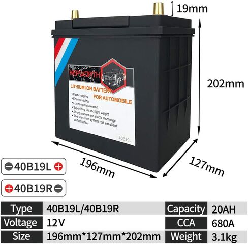 Replacement 40ah Lead Acid Battery 40B19R Automobile Battery LiFePO4 Universal 12v 22Ah 680CCA Lithium Iron Phosphate Built-in BMS Protection Board Deep Cycle LFP in Saudi Arabia
