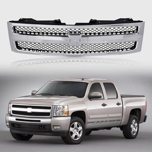 Perfit Liner Front Chrome Black Grille Grille مع توفير شعار متوافق مع 2007-2013 شيفروليه سيلفرادو 1500 بيك آب شاحنة تناسب GM1200572 25810707 in Kuwait
