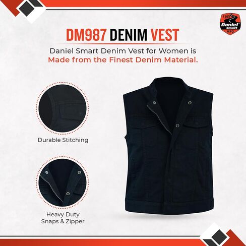 Daniel Smart Women Denim Vest Scoop Collar Design Black Jean Motorcycle Vest with Inside Carry Pocket in Saudi Arabia
