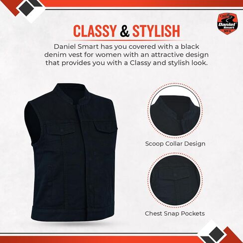 Daniel Smart Women Denim Vest Scoop Collar Design Black Jean Motorcycle Vest with Inside Carry Pocket in Saudi Arabia