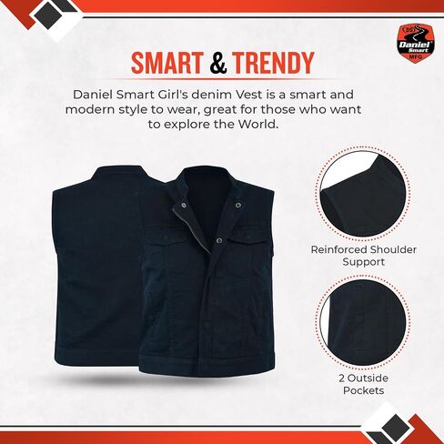 Daniel Smart Women Denim Vest Scoop Collar Design Black Jean Motorcycle Vest with Inside Carry Pocket in Saudi Arabia
