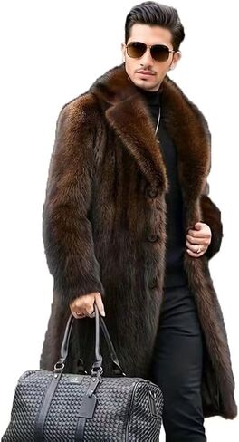 FTIMILD Men's Long Faux Fur Coat Single Breasted Warm Winter Trench Coat Fluffy Thick Overcoat in Kuwait