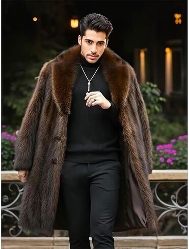 FTIMILD Men's Long Faux Fur Coat Single Breasted Warm Winter Trench Coat Fluffy Thick Overcoat in Kuwait