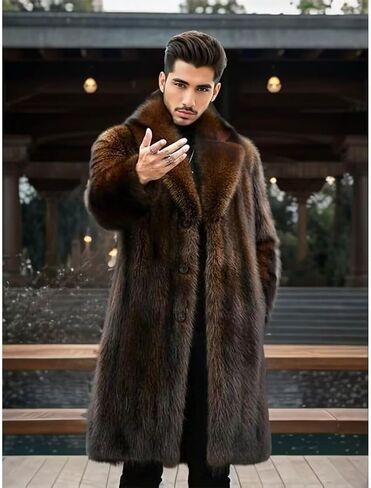FTIMILD Men's Long Faux Fur Coat Single Breasted Warm Winter Trench Coat Fluffy Thick Overcoat in Kuwait