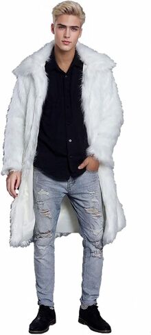 FTIMILD Men's Long Faux Fur Coat Single Breasted Warm Winter Trench Coat Fluffy Thick Overcoat in Kuwait