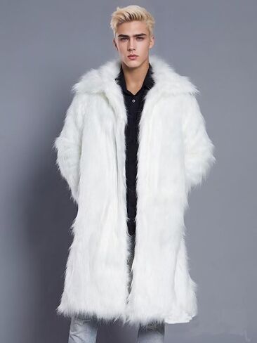 FTIMILD Men's Long Faux Fur Coat Single Breasted Warm Winter Trench Coat Fluffy Thick Overcoat in Kuwait