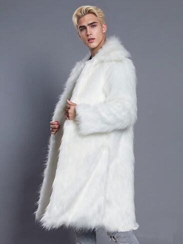 FTIMILD Men's Long Faux Fur Coat Single Breasted Warm Winter Trench Coat Fluffy Thick Overcoat in Kuwait