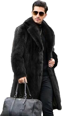 FTIMILD Men's Long Faux Fur Coat Single Breasted Warm Winter Trench Coat Fluffy Thick Overcoat in Kuwait