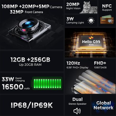 FOSSIBOT F102 هاتف ذكي متين غير مقفل، MTK Helio G99 20GB+256GB كاميرا 108 ميجابكسل 16500 مللي أمبير بطارية كبيرة 33 وات 120 هرتز 6.58 بوصة FHD+ عرض 495LM ضوء تخييم IP68/IP69K رؤية ليلية 4G ثنائي الشريحة NFC OTG GPS in Saudi Arabia