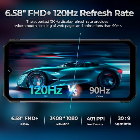 FOSSIBOT F102 هاتف ذكي متين غير مقفل، MTK Helio G99 20GB+256GB كاميرا 108 ميجابكسل 16500 مللي أمبير بطارية كبيرة 33 وات 120 هرتز 6.58 بوصة FHD+ عرض 495LM ضوء تخييم IP68/IP69K رؤية ليلية 4G ثنائي الشريحة NFC OTG GPS in Saudi Arabia