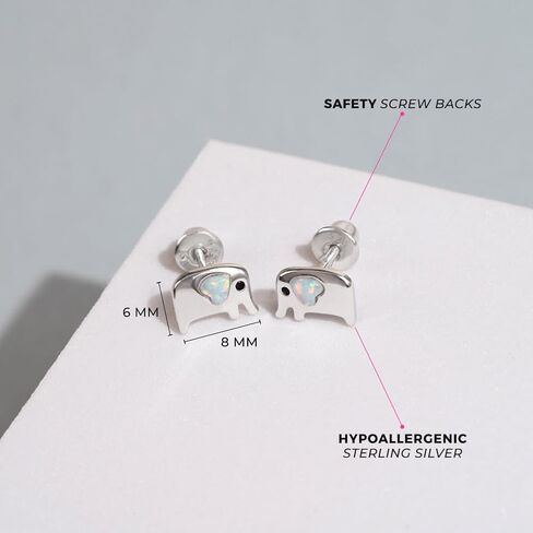 925 Sterling Silver Elephant على شكل سلامة على شكل أقراط مع أوبال محاكاة للأطفال الصغار والفتيات الصغيرات - أقراط صغيرة على شكل الفيل للفتيات الصغيرات in Saudi Arabia