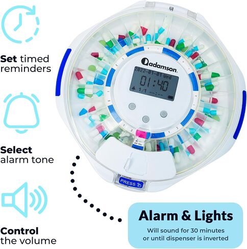 Adamson TimelyMed Smart Pill Dispenser Machine with Alarm + WiFi App Monitoring + 28 Day Medicine Dispenser + Automatic Pill Dispenser for Elderly with Alarm & Alzheimers Care + Lock Key + NEW 2024 in Saudi Arabia