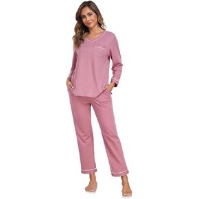 EA'S SECRET 100% cotton Pajamas for Women Long Sleeve Top with Pants 2 Piece Soft Lounge Sleepwear with pocket in Kuwait