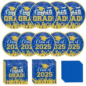 لوحات ومناديل التخرج 2024 ديكورات التخرج فئة 2024 أطباق ورقية فضية زرقاء مناديل كوكتيل للتهاني، ديكورات حفلات التخرج للاستعمال مرة واحدة تخدم 50 من لوازم حفلات التخرج in Kuwait