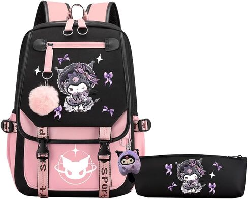 Cute Anime Backpack Kawaii Casual Daypacks Travel Bag Black Pink with USB Charging Port in Saudi Arabia