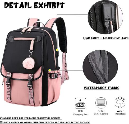 Cute Anime Backpack Kawaii Casual Daypacks Travel Bag Black Pink with USB Charging Port in Saudi Arabia