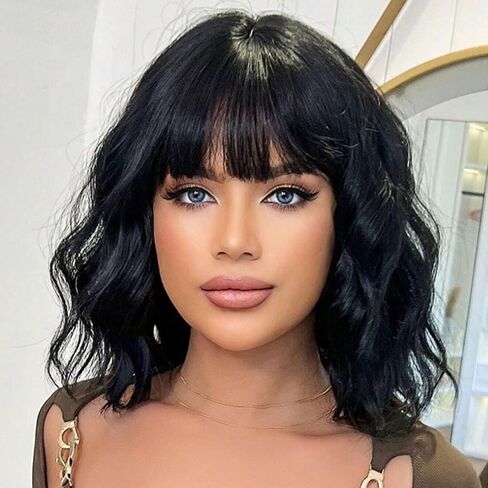 Light Blue Wig with Bangs Soft Short Bob Wigs for Women Synthetic Shoulder Length Women's Wigs for Costumes Cosplay HalloweenDaily (Light Blue) in Saudi Arabia