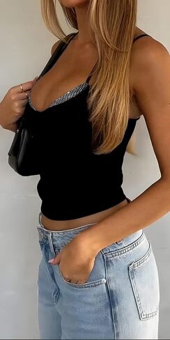 Women Sexy Black Sequin Bra Halter V Neck Tank Camisole Top Dressy Party Metallic Sparkly Holiday Festival Shirt in Kuwait