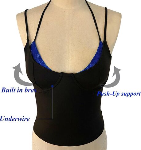 Women Sexy Black Sequin Bra Halter V Neck Tank Camisole Top Dressy Party Metallic Sparkly Holiday Festival Shirt in Kuwait