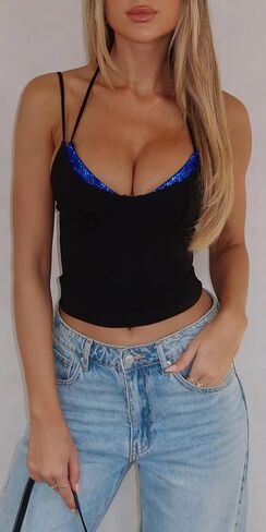 Women Sexy Black Sequin Bra Halter V Neck Tank Camisole Top Dressy Party Metallic Sparkly Holiday Festival Shirt in Kuwait