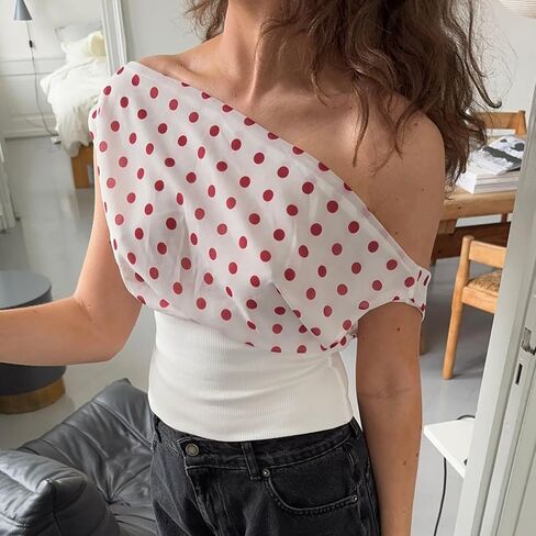 Women Off Shoulder Tops Asymmetrical Boat Neck Sleeveless Backless Y2K Polka Dot Tank Top Going Out Crop Shirts in Kuwait