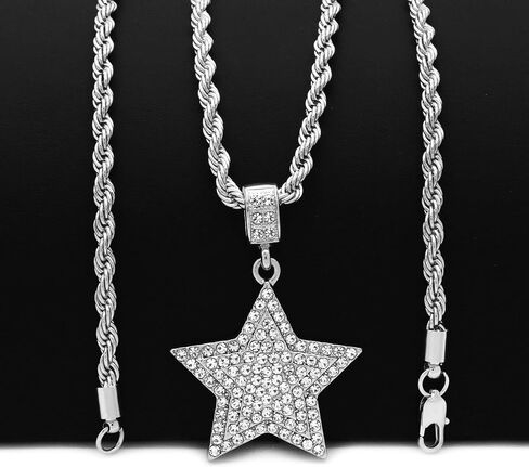 14k Gold Silver Plated Star Pendant Iced Cubic Zirconia Hip Hop Pendant & 4mm 24" Rope Chain Necklace in Saudi Arabia