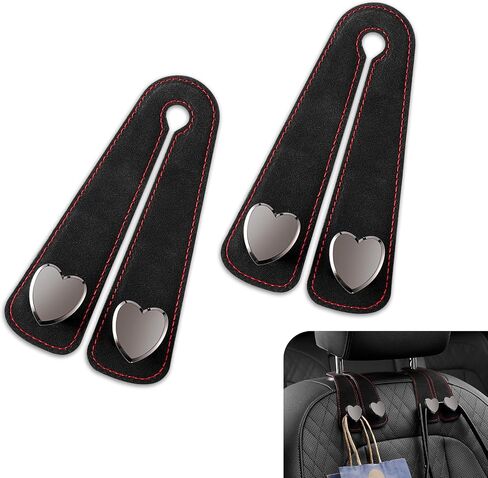 2 PCS Car Seat Headrest Hook, Car Hooks for Headrest, Storage Double Heart Shape Hooks, Suede Foldable Soft Hook Organizer, Universal for Cars (Black) in Saudi Arabia