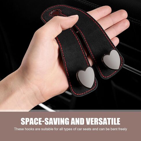 2 PCS Car Seat Headrest Hook, Car Hooks for Headrest, Storage Double Heart Shape Hooks, Suede Foldable Soft Hook Organizer, Universal for Cars (Black) in Saudi Arabia