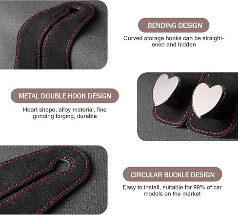 2 PCS Car Seat Headrest Hook, Car Hooks for Headrest, Storage Double Heart Shape Hooks, Suede Foldable Soft Hook Organizer, Universal for Cars (Black) in Saudi Arabia