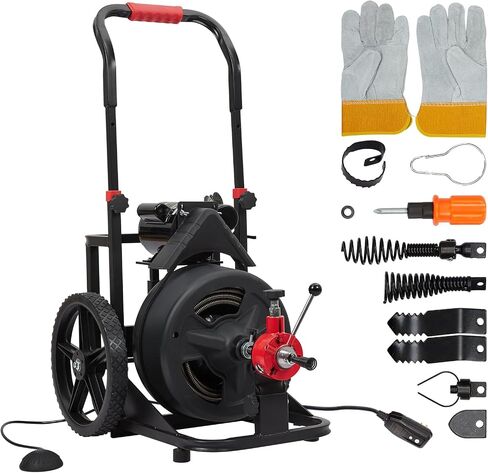 PIONEERWORKS 50Ft x 5/16 Inch Drain Cleaner Machine, Electric Drain Auger Professional for 3/4 to 3 Inch Pipes, Foot Switch with 6 Cutters, Glove, Drain Auger Cleaner Sewer Snake - DA04 in Kuwait