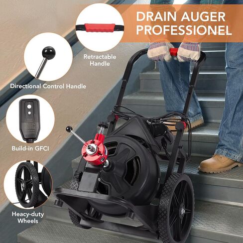 PIONEERWORKS 50Ft x 5/16 Inch Drain Cleaner Machine, Electric Drain Auger Professional for 3/4 to 3 Inch Pipes, Foot Switch with 6 Cutters, Glove, Drain Auger Cleaner Sewer Snake - DA04 in Kuwait