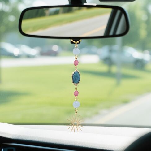 Sun Car Charm,Boho Rear View Mirror Hanging Car Decor,Cute Handmade Blue Red Crystal Stone Healing Dangling Ornament Pendant for Women Teens in Saudi Arabia