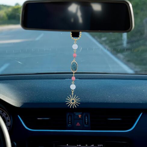 Sun Car Charm,Boho Rear View Mirror Hanging Car Decor,Cute Handmade Blue Red Crystal Stone Healing Dangling Ornament Pendant for Women Teens in Saudi Arabia