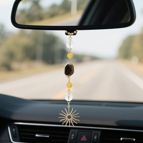 Sun Car Charm,Boho Rear View Mirror Hanging Car Decor,Cute Handmade Blue Red Crystal Stone Healing Dangling Ornament Pendant for Women Teens in Saudi Arabia