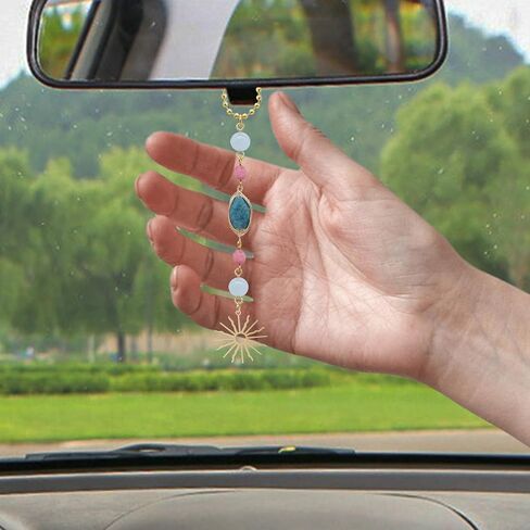 Sun Car Charm,Boho Rear View Mirror Hanging Car Decor,Cute Handmade Blue Red Crystal Stone Healing Dangling Ornament Pendant for Women Teens in Saudi Arabia
