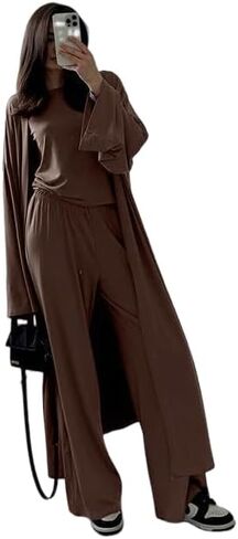 3-Piece Loungewear Set, Knit Pajamas with Long Cardigan, Pink in Saudi Arabia