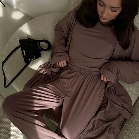 3-Piece Loungewear Set, Knit Pajamas with Long Cardigan, Pink in Saudi Arabia