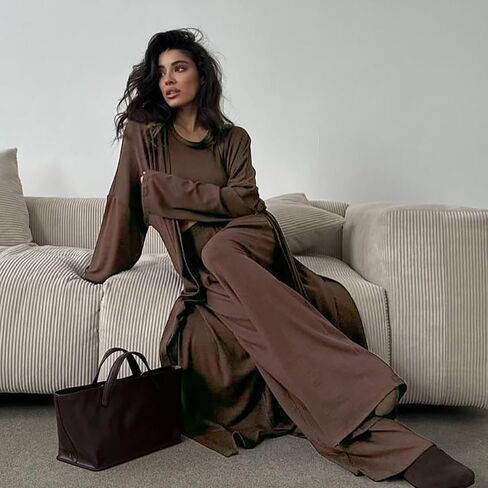 3-Piece Loungewear Set, Knit Pajamas with Long Cardigan, Pink in Saudi Arabia