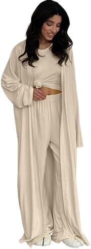 3-Piece Loungewear Set, Knit Pajamas with Long Cardigan, Pink in Saudi Arabia