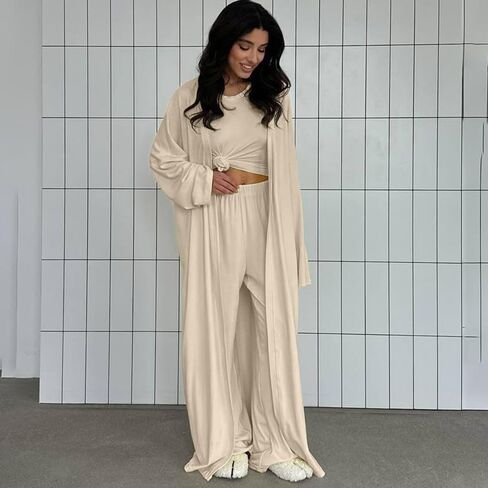 3-Piece Loungewear Set, Knit Pajamas with Long Cardigan, Pink in Saudi Arabia