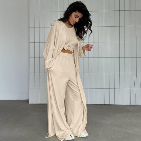 3-Piece Loungewear Set, Knit Pajamas with Long Cardigan, Pink in Saudi Arabia