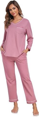 EA'S SECRET 100% cotton Pajamas for Women Long Sleeve Top with Pants 2 Piece Soft Lounge Sleepwear with pocket in Kuwait