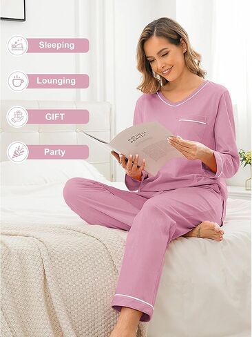 EA'S SECRET 100% cotton Pajamas for Women Long Sleeve Top with Pants 2 Piece Soft Lounge Sleepwear with pocket in Kuwait