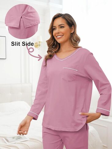 EA'S SECRET 100% cotton Pajamas for Women Long Sleeve Top with Pants 2 Piece Soft Lounge Sleepwear with pocket in Kuwait