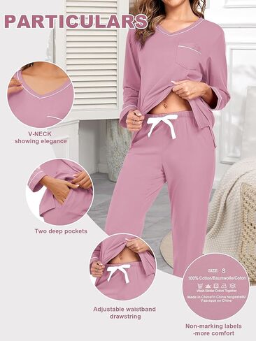 EA'S SECRET 100% cotton Pajamas for Women Long Sleeve Top with Pants 2 Piece Soft Lounge Sleepwear with pocket in Kuwait