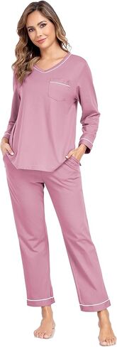 EA'S SECRET 100% cotton Pajamas for Women Long Sleeve Top with Pants 2 Piece Soft Lounge Sleepwear with pocket in Kuwait