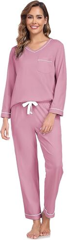 EA'S SECRET 100% cotton Pajamas for Women Long Sleeve Top with Pants 2 Piece Soft Lounge Sleepwear with pocket in Kuwait