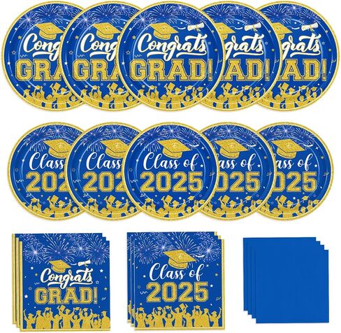 لوحات ومناديل التخرج 2024 ديكورات التخرج فئة 2024 أطباق ورقية فضية زرقاء مناديل كوكتيل للتهاني، ديكورات حفلات التخرج للاستعمال مرة واحدة تخدم 50 من لوازم حفلات التخرج in Kuwait